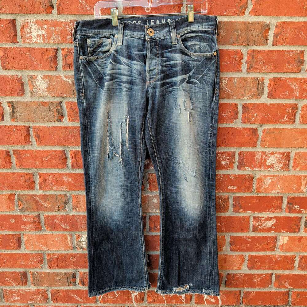 Guess Jeans Falcon Boot Cut Mens 33x30 Blue Distressed Whiskered Denim